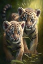 Two little tiger cubs sitting in the grass. Digital painting.