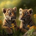 Two little tiger cubs sitting in the grass with yellow flowers.