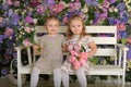 Little twin girls in the garden on a bench against the background of a floral wall with bouquets of flowers in their hands Royalty Free Stock Photo