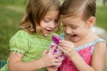 Two little twin sisters playing with pink box