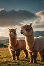 Two Fluffy Alpacas Grazing in a Lush Green Meadow Under a Bright Cloudy Sky Royalty Free Stock Photo