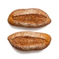 Two loaves of bread with a cut on an appetizing brown crust on a white background