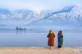 Local Kashmiri women enjoying in front of Char Chinar at Dal Lake Srinagar, Kashmir, India