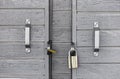 Two locks on a wooden grey door