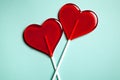 Two lollipops. Red hearts. Candy. Love concept. Valentine day. Royalty Free Stock Photo
