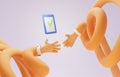 Two long cartoon hands reaching to each other for handshake, 3d render. Tick on paper and business arms in orange sleeve