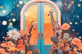 Surreal Collage of Two Giraffes and the Door. Generative AI.