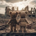 Two lost lonely teddy bears holding their hands in front of the ruined city. A couple of teddy bears survived after the end of the