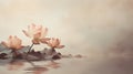 Two lotus flowers or water lilies on the left side of a clean beige colored background with large space for copy, AI generated