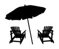 Two lounge chairs under an umbrella on the beach. Black and white illustration of lounges under a canopy. Vacation Royalty Free Stock Photo