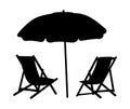 Two lounge chairs under an umbrella on the beach. Black and white illustration of lounges under a canopy. Vacation