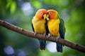 two lovebirds perched close together on a branch