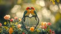 Two Lovebirds Perched on a Heart Shaped Cage Among Roses Royalty Free Stock Photo