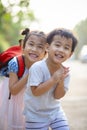 Two lovely asian children boy and girl with kidding smiling face Royalty Free Stock Photo