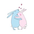 Two lovely cartoon rabbits. Happy animals. objects on white background. Vector illustration.