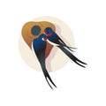 Two lovely martlets or swallows sitting near nest. Couple of birds. Wild creatures. Wildlife theme. Flat vector icon