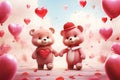 Two lovely pink bears in romantic outfit walking holding hands with heart shaped air balloons on cloudy blue sky background Royalty Free Stock Photo