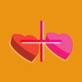 Two lovely smooth colored hearts stay together by plus sign on little dark yellow background. For your love concepts such as Royalty Free Stock Photo