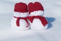 Two lovely snowmen toys on the white snow