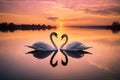 Two beautiful swans facing each other during a gorgeous sunset Royalty Free Stock Photo