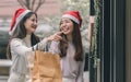 Two women doing window shopping and holding bags in christmas season Royalty Free Stock Photo