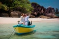 Two lovers and a boat on the paradise Seychelles