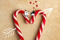 Two lovers candy cane with an arrow symbol, pierced heart.