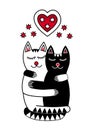 Two lovers cats sleeping in each other`s arms. Cartoon picture