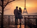 Romantic Lovers in Paris with Eiffel Tower Background. Generative ai