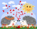 Two lovers cute cartoon hedgehogs, a boy and a girl near a seven-colored rainbow and ladybug on a spring, summer day Royalty Free Stock Photo