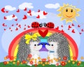 Two lovers cute cartoon hedgehogs, a boy and a girl near a seven-colored rainbow and ladybugs on a spring Royalty Free Stock Photo