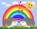 Two lovers cute cartoon hedgehogs, a boy and a girl near a seven-colored rainbow and ladybugs on a spring Royalty Free Stock Photo