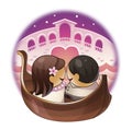 Two Lovers In A Gondola In Venice. Colored Illustration