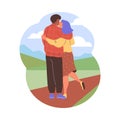 Two lovers hugging and kissing back view, romantic couple spend time together on a walk outside, vector enamored pair Royalty Free Stock Photo