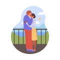 Two lovers hugging and kissing on backdrop of the sea, vector cartoon romantic couple spend time together on vacation Royalty Free Stock Photo