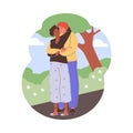 Two lovers hugging and kissing in nature, romantic couple spend time together on walk in park, vector enamored pair