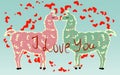 Two lovers, kissing llamas surrounded by hearts. Love is in the air. Valentine\'s day Royalty Free Stock Photo