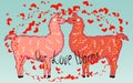 Two lovers, kissing llamas surrounded by hearts. Love is in the air. Valentine\'s day Royalty Free Stock Photo