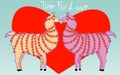 Two lovers, kissing llamas surrounded by hearts. Love is in the air. Valentine\'s day Royalty Free Stock Photo
