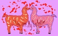 Two lovers, kissing llamas surrounded by hearts. Love is in the air. Inscription You are my Valentine, postcard Royalty Free Stock Photo