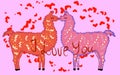 Two lovers, kissing llamas surrounded by hearts. Love is in the air. Inscription I love you, postcard, Valentine's day Royalty Free Stock Photo