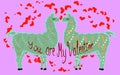 Two lovers, kissing llamas surrounded by hearts. Love is in the air. Inscription You are my Valentine, postcard Royalty Free Stock Photo