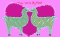 Two lovers, kissing llamas surrounded by hearts. Love is in the air. Inscription You in my heart, postcard, Valentine's Royalty Free Stock Photo