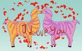 Two lovers, kissing llamas surrounded by hearts. Love is in the air. Inscription I love you, postcard, Valentine's day Royalty Free Stock Photo