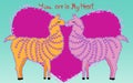 Two lovers, kissing llamas surrounded by hearts. Love is in the air. Inscription You in my heart, postcard, Valentine's Royalty Free Stock Photo