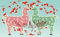 Two lovers, kissing llamas surrounded by hearts. Love is in the air. Inscription You are my Valentine, postcard Royalty Free Stock Photo