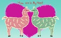 Two lovers, kissing llamas surrounded by hearts. Love is in the air. Inscription You in my heart, postcard, Valentine's Royalty Free Stock Photo