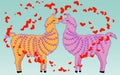 Two lovers, kissing llamas surrounded by hearts. Love is in the air. Valentine\'s day Royalty Free Stock Photo