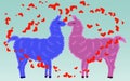 Two lovers, kissing llamas surrounded by hearts. Love is in the air. Valentine\'s day Royalty Free Stock Photo