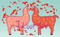 Two lovers, kissing llamas surrounded by hearts. Love is in the air. Inscription I love you, postcard, Valentine's day Royalty Free Stock Photo